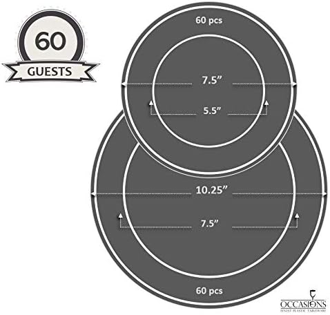 " OCCASIONS " 120 Plates Pack,(60 Guests) Premium Wedding Party Disposable Plastic Plates Set -60 x 10.25'' Dinner + 60 x 7.5'' Salad/Dessert (Monet, White & Gold)