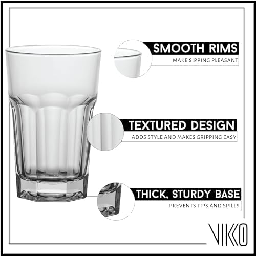 Vikko Drinking Glasses, 9 Ounce Glass Cups, Durable Glasses Drinking Set of 6, Stackable Water Glasses, Highball Glasses, Heavy Base Tumblers & Water Glasses, Dishwasher Safe Cups for Kitchen