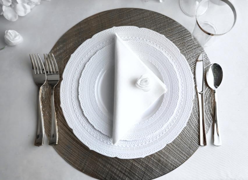 " OCCASIONS " 200pcs set (25 Guests)-Extra Heavyweight Vintage Wedding Disposable/Reusable Plastic Plates (25 x 11'' + 25 x 8.25'')+Silverware+12oz Cups+Napkins (Chateau Collection White)