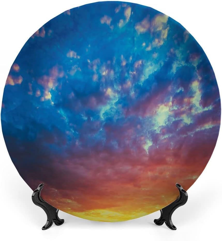 Decorative Plates, Yellow and Blue Print Ornament, Dramatic Sky Sunset Scenic Cloudscape Idyllic, 6 Inch, Kitchen Wall Decor, Coral Earth Yellow