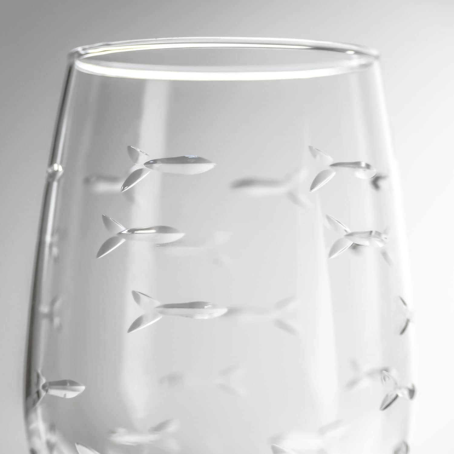 Rolf Glass School of Fish White Wine Glass | 12 ounce Stemmed Set of 4 | Lead-Free Glass | Diamond Wheel Engraved in America