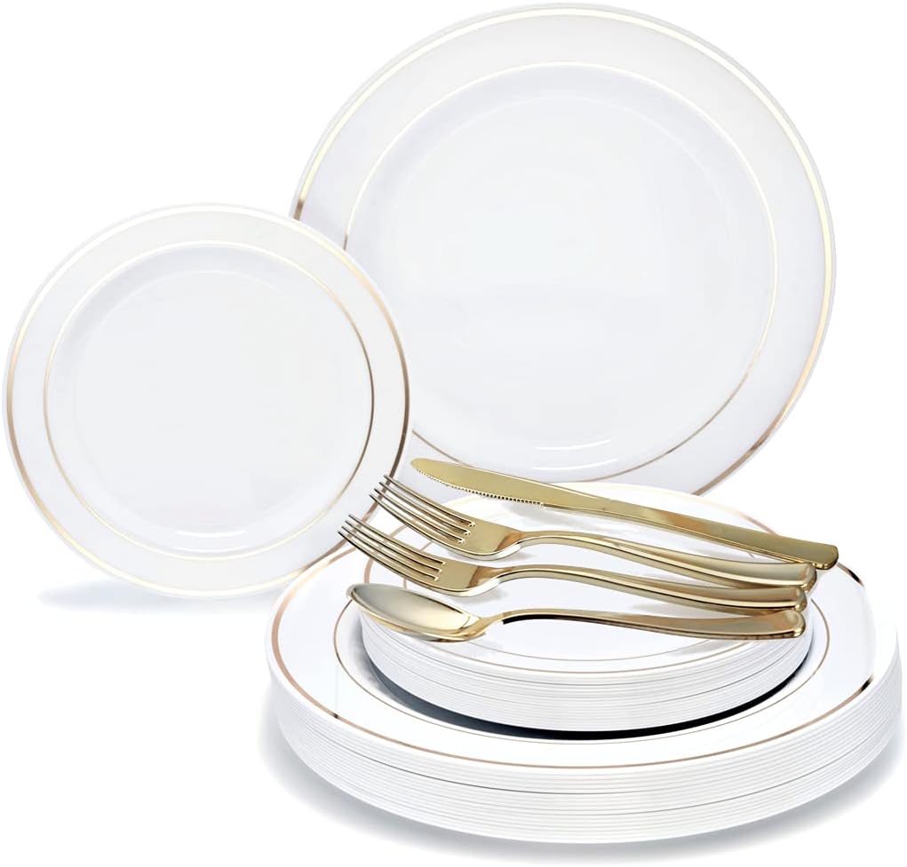 " OCCASIONS " 150pcs set (25 Guests)- Disposable Heavyweight DinnerwareWedding Plastic Plates & cutlery - 10.5'', 7.5'' + Silverware w/double fork (White & Gold Rim)