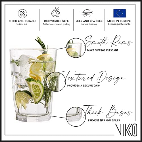 Vikko Large Drinking Glasses, 14 Ounce Glass Cups, Durable Stackable Highball Tumblers & Water Glasses, Dishwasher Safe Set of 6