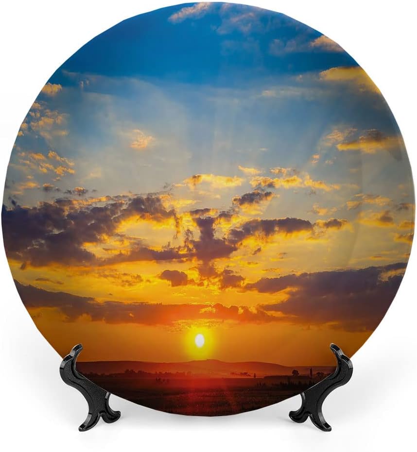 Ceramic Plates, Yellow and Blue Decorative Ceramic Plates, Dramatic Sunset Horizon View Amongst Clouds, 6 Inch, for Dining, Parties, Wedding, Orange Blue