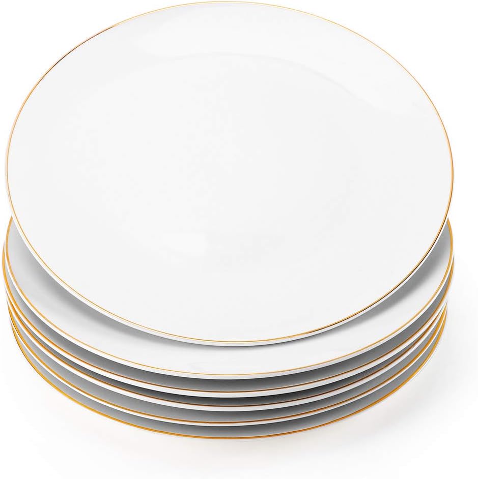 10.5” Porcelain Coupe Dinner Plates with Golden Rim, Stackable Off-Whi ...