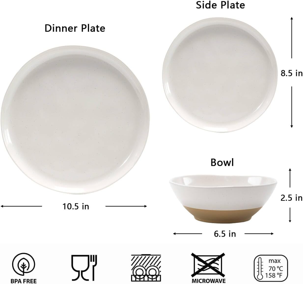 FINE&NICE Melamine Dinnerware Sets of 12 Pcs, Unbreakable Plates and Bowls Set for 4, Dinner Dishes Set for for Patio, RV and Camping, Dishwasher Safe (White with Brown)