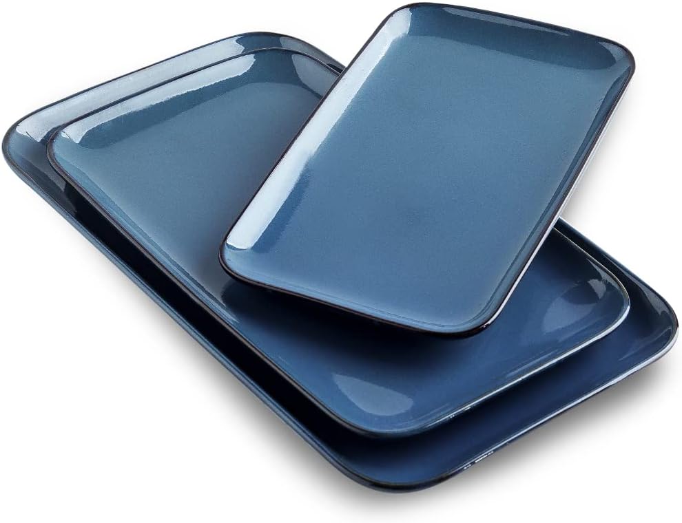 KOOV Rectangular Serving Tray, 14/12/10 Inch Large Serving Platter, Crockery Serving Plates with 3 Sizes, Ceramic Serving Dishes for Party, Food, Appetizers, Set of 3, Blue