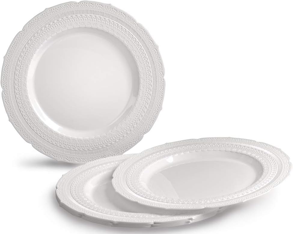 " OCCASIONS " 120 Plates Pack,(60 Guests) Extra Heavyweight Vintage Wedding Disposable/Reusable Plastic Plates 60 x 11'' Dinner + 60 x 8.25'' Salad/Dessert Plate (Chateau White)