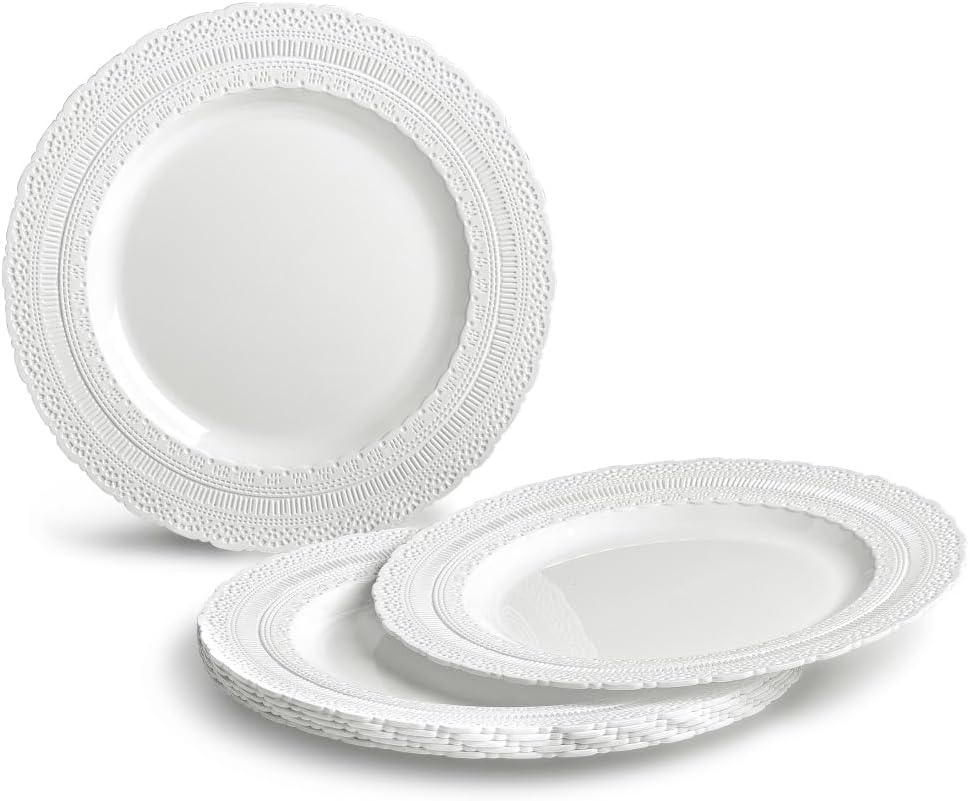 " OCCASIONS " 120 Plates Pack,(60 Guests) Extra Heavyweight Vintage Wedding Disposable/Reusable Plastic Plates 60 x 11'' Dinner + 60 x 8.25'' Salad/Dessert Plate (Chateau White)