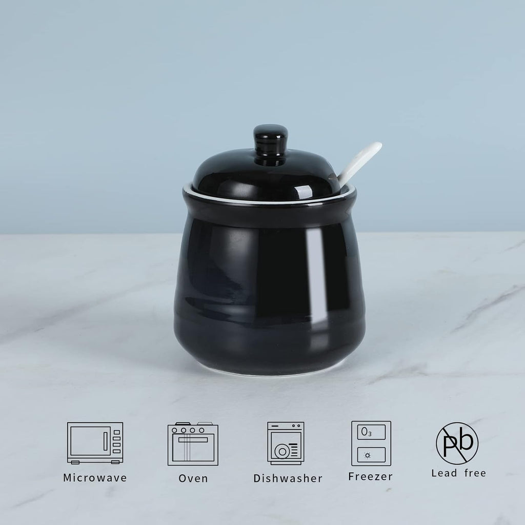 HAOTOP Porcelain Salt Bowl with Lid and Spoon,Ceramic Sugar Bowl 12oz (Black)