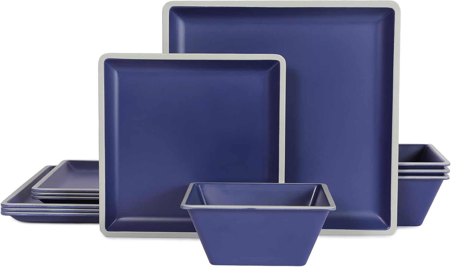 Square Melamine Dinnerware Sets， Durable Square Dinner Plates and Bowls Set,12-Piece Set Non-breakable Lightweight Dinner Tableware Sets, Service for 4