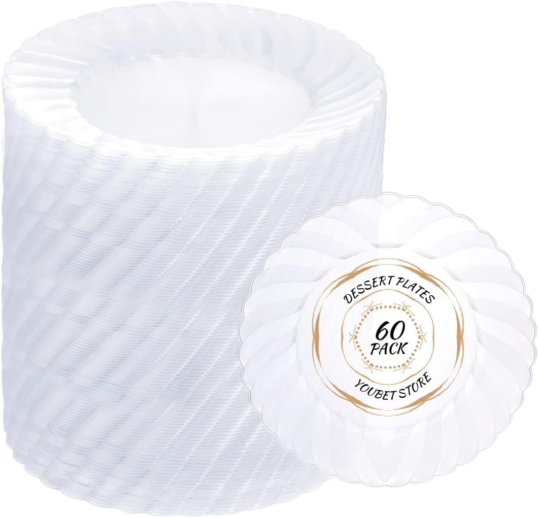 YOUBET 60Pieces Clear Dessert Plates - Clear Plastic Plates - 6.5inch Party Essentials Appetizer Plates - Premium Clear Disposable Fancy Plates for Wedding and Party