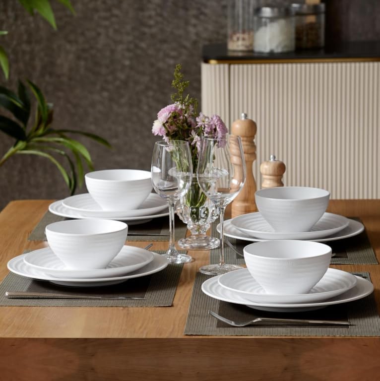 White Melamine Dinnerware Sets,12PCs Anti-scratch Dishes Set, Lightweight and Non breakable Dinnerware,Suit for Indoor and Outdoor Use, Dishwasher Safe,BPA free (Classic White)