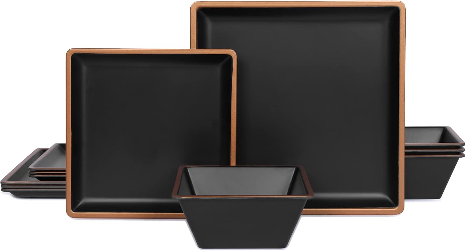 Melamine Dinnerware Sets Service for 4, Square Dinner Plates and Bowls Set,12-Piece Set Non-breakable Lightweight Dinner Tableware for Indoor/Outdoor Use
