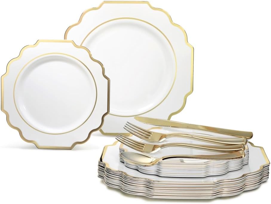 " OCCASIONS " 150 Piece set (25 Guests)-Wedding Plastic Plates & cutlery -Disposable heavyweight Dinnerware 10.5'', 8'' + Silverware w/double fork (Imperial White & Gold)