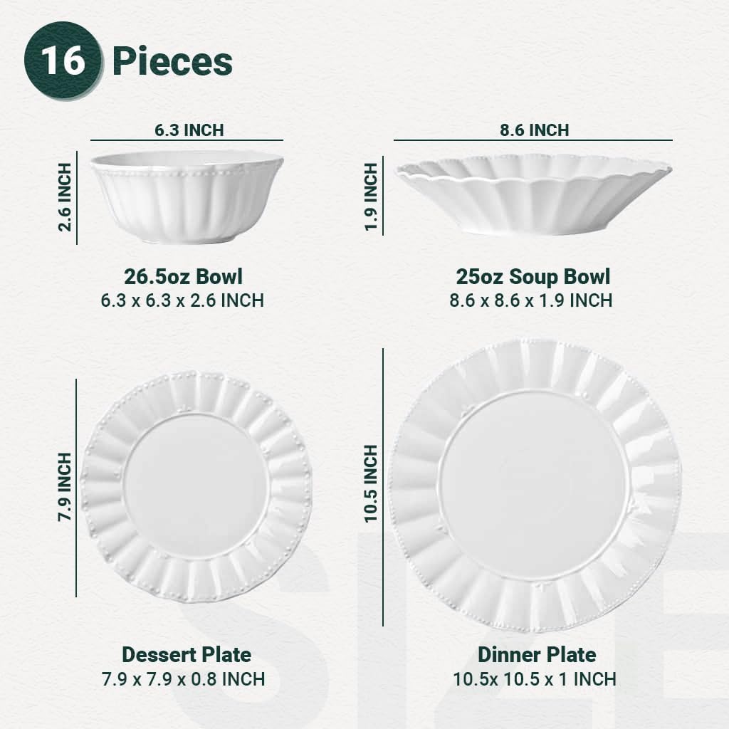 Plates and Bowls Sets, 16 Piece Dinnerware Sets, Porcelain Dinner Set with Plates and Bowls, Ceramic tableware, Modern Bone China Dish Set for 4, Wavy Pattern