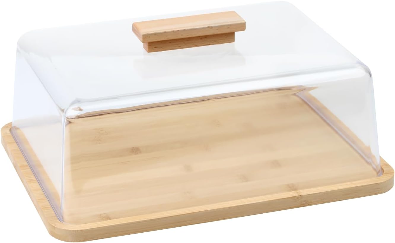 Acrylic Dessert Plate with Base, Bamboo Cake Tray with Clear Acrylic Cover, Cake Fruit Display Server Tray for Kitchen/Birthday/Wedding/Appetizer Dessert& Cheese Serving Platter Rectangular