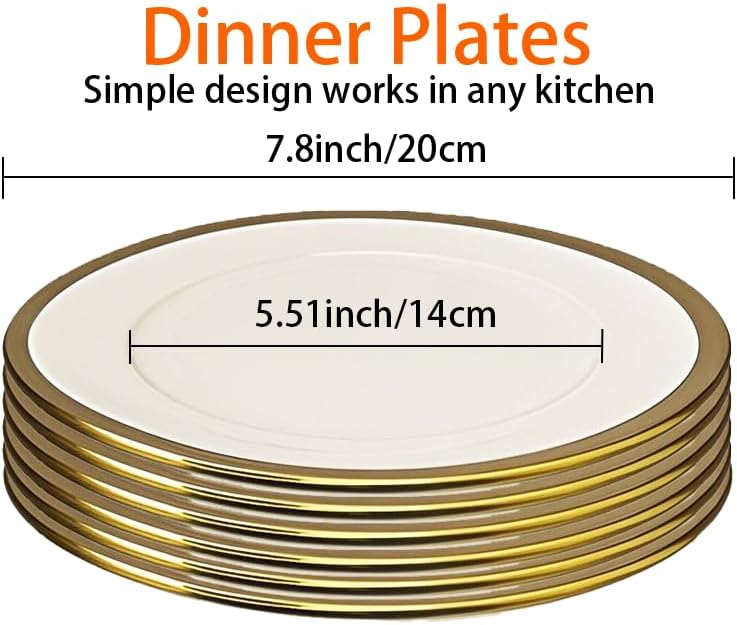 Dinner Plates, Set of 6, 8 inch,White Porcelain with Gold Trim，Appetizer Plates,Ceramic Round Dessert Serving Plates for Bread, Salad, Snack and Finger Food,Elegant Ceramic Dinner Plates
