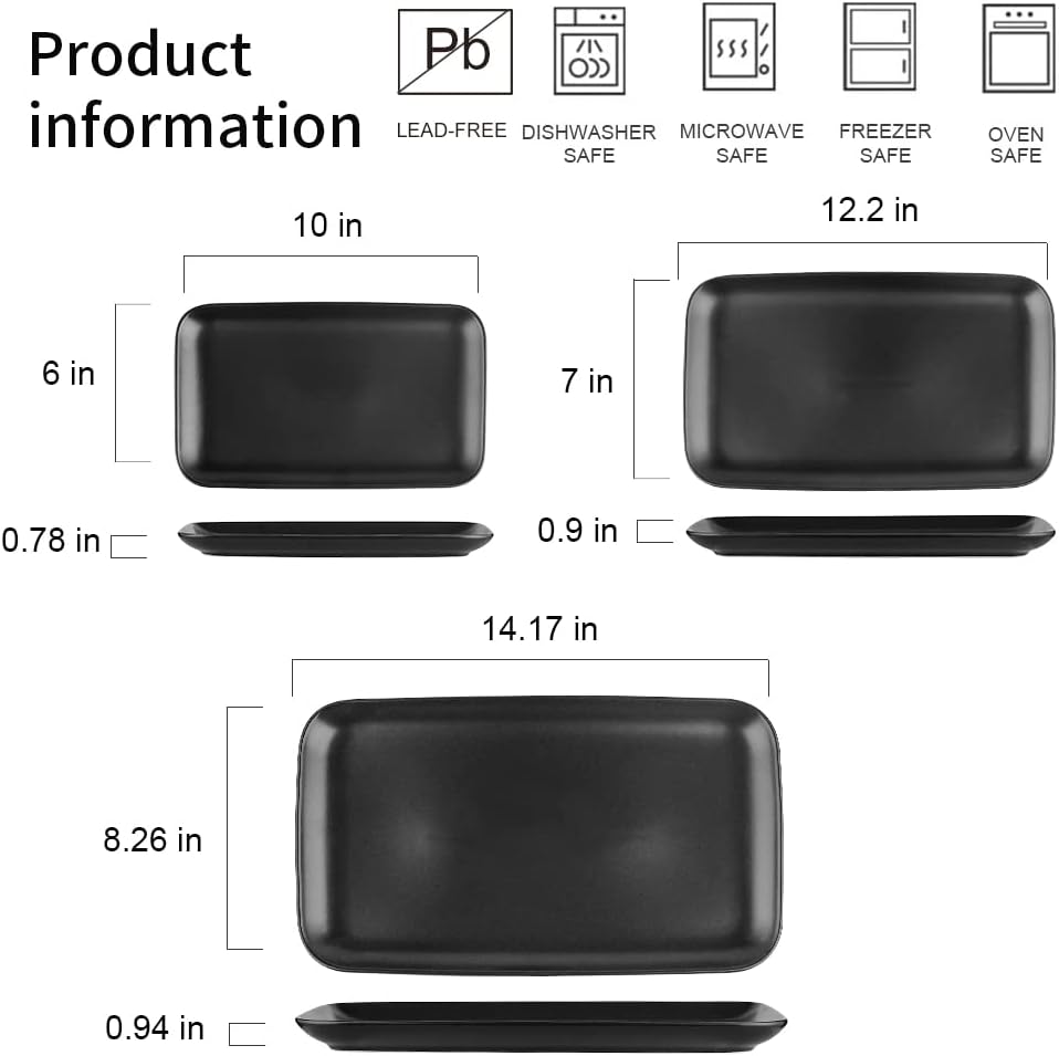KOOV Ceramic Rectangular Serving Tray, 14/12/10 Inch Large Serving Platter, Porcelain Serving Plates with 3 Sizes, Ceramic Serving Dishes for Party, Food, Appetizers and Dinner, Set of 3 (Matte Black)