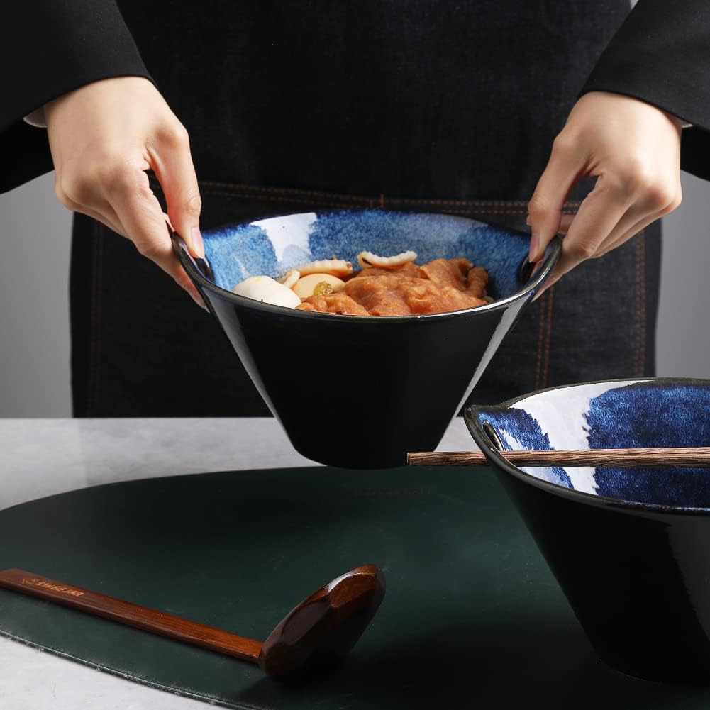 Sweejar Porcelain Ramen Bowls, Japanese Ramen Noodle Bowl with Chopsticks And Spoons, 25 oz Deep Bowl for Soup, Salad, Pho, Udon, Reactive Glaze, Set of 2 (Nebule Blue)