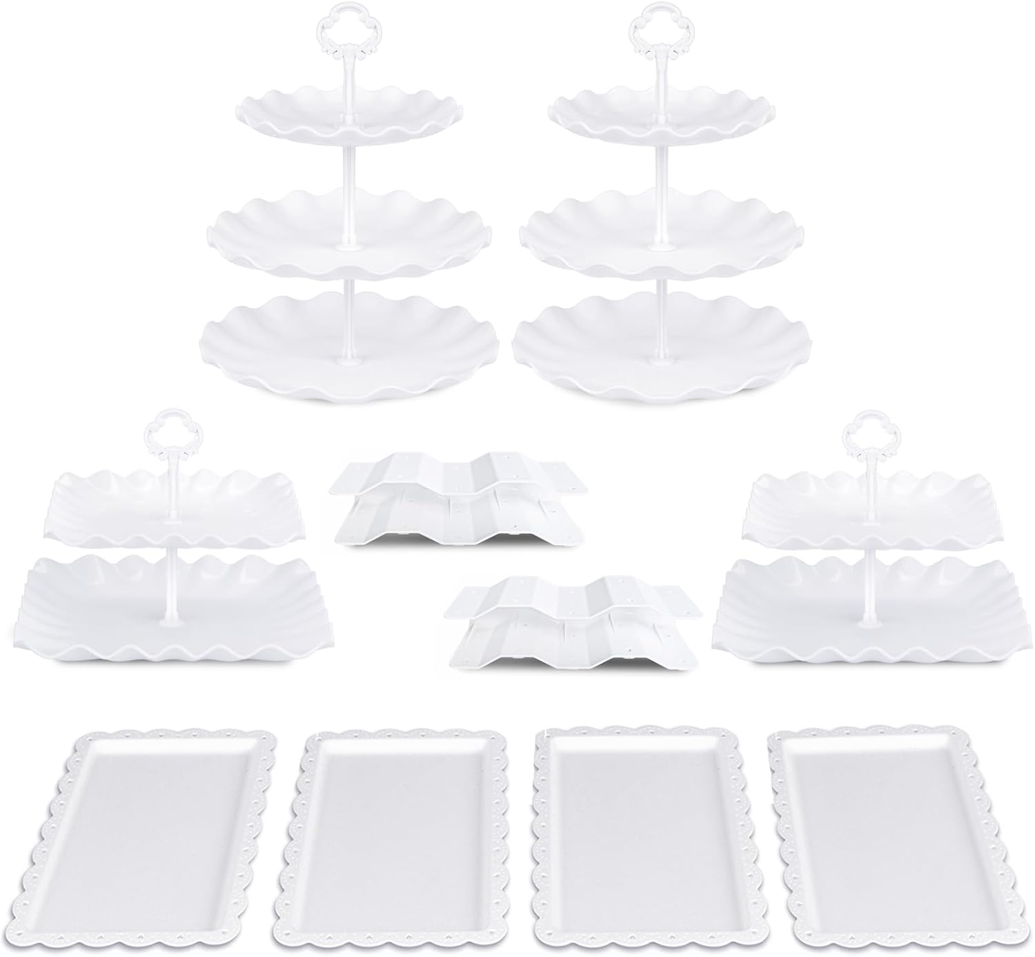 NWK Pack of 10 Dessert Stand Set with 2x Large 2-Tier and 2x Large 3-Tier Cupcake Stands, 4 x Appetizer Trays, 2 x Cake Pop Stands, for Birthday Baby Shower Party Decorations