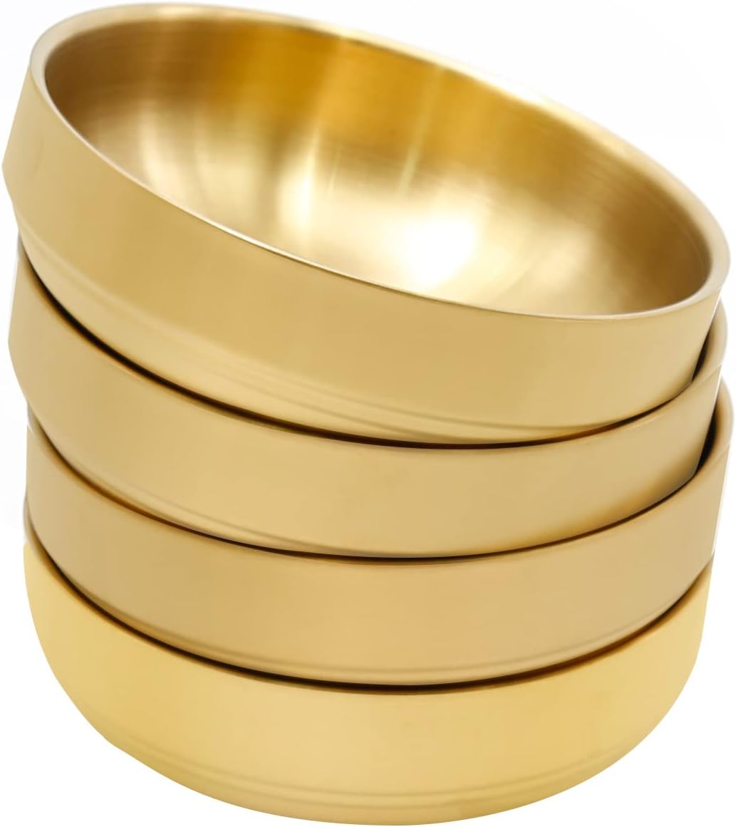 MDEOOSKY 4PCS Large Stainless Steel Sauce Dish 4.72inch Appetizer Plates Double-Deck Plates 304 Stainless Steel Plates for Oil Vinegar Juice Salad Appetizer Side Dish Ketchup (Gold 4.72IN)