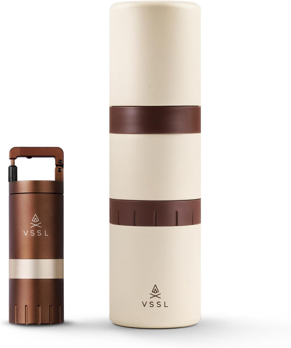 VSSL - Nest Pour Over Coffee Kit + Java G25 Bean Grinder Bundle | Coffee for Camping | Pour Over Dripper | Two 10oz Stainless Steel Travel Mugs | Cream/Bronze