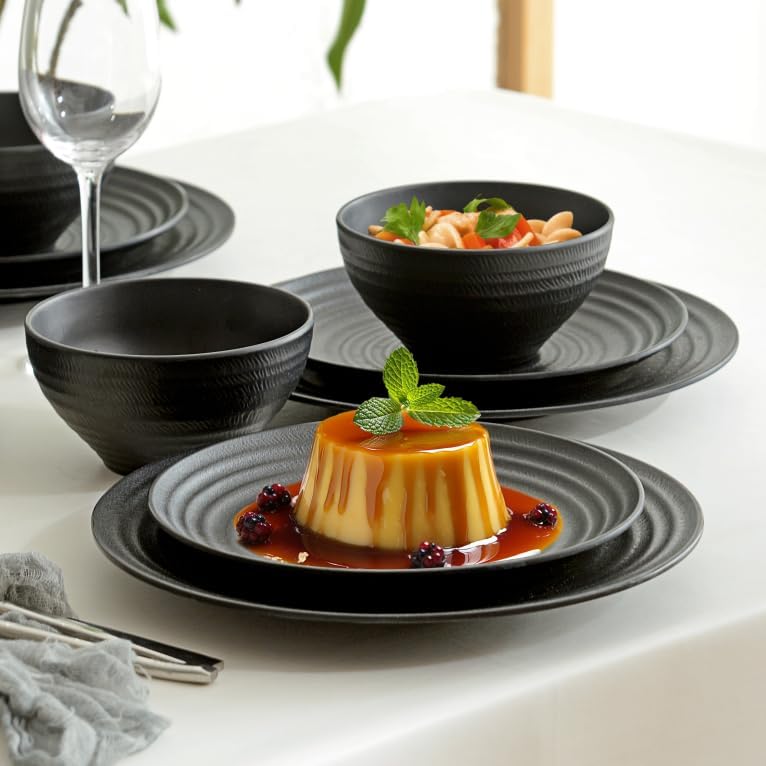 Melamine Dinnerware Sets for 4, 12Pcs Plates and Bowls Sets with Modern style, Lightweight and Unbreakable Dish Set for Camping, RV and BBQ, Dishwasher Safe, BPA free(Black)