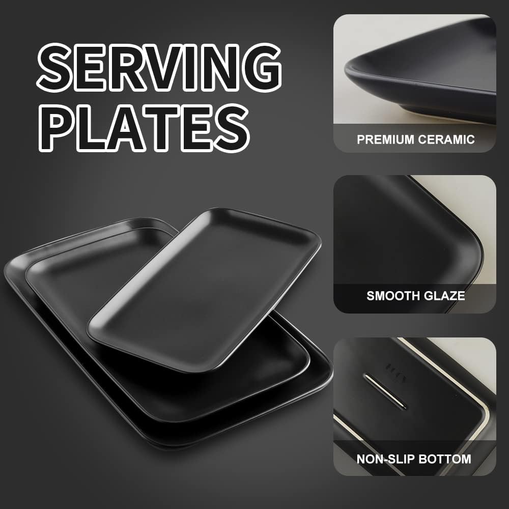KOOV Ceramic Rectangular Serving Tray, 14/12/10 Inch Large Serving Platter, Porcelain Serving Plates with 3 Sizes, Ceramic Serving Dishes for Party, Food, Appetizers and Dinner, Set of 3 (Matte Black)