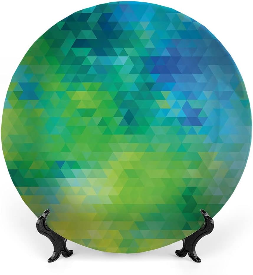 Ceramic Display Plate, Yellow and Blue Ceramic Hanging Decorative Plate, Geometric Abstract Pattern with Triangles Ombre Inspired, 8 Inch, Household Custom Ceramic Plate, Turquoise Lime Green Yellow