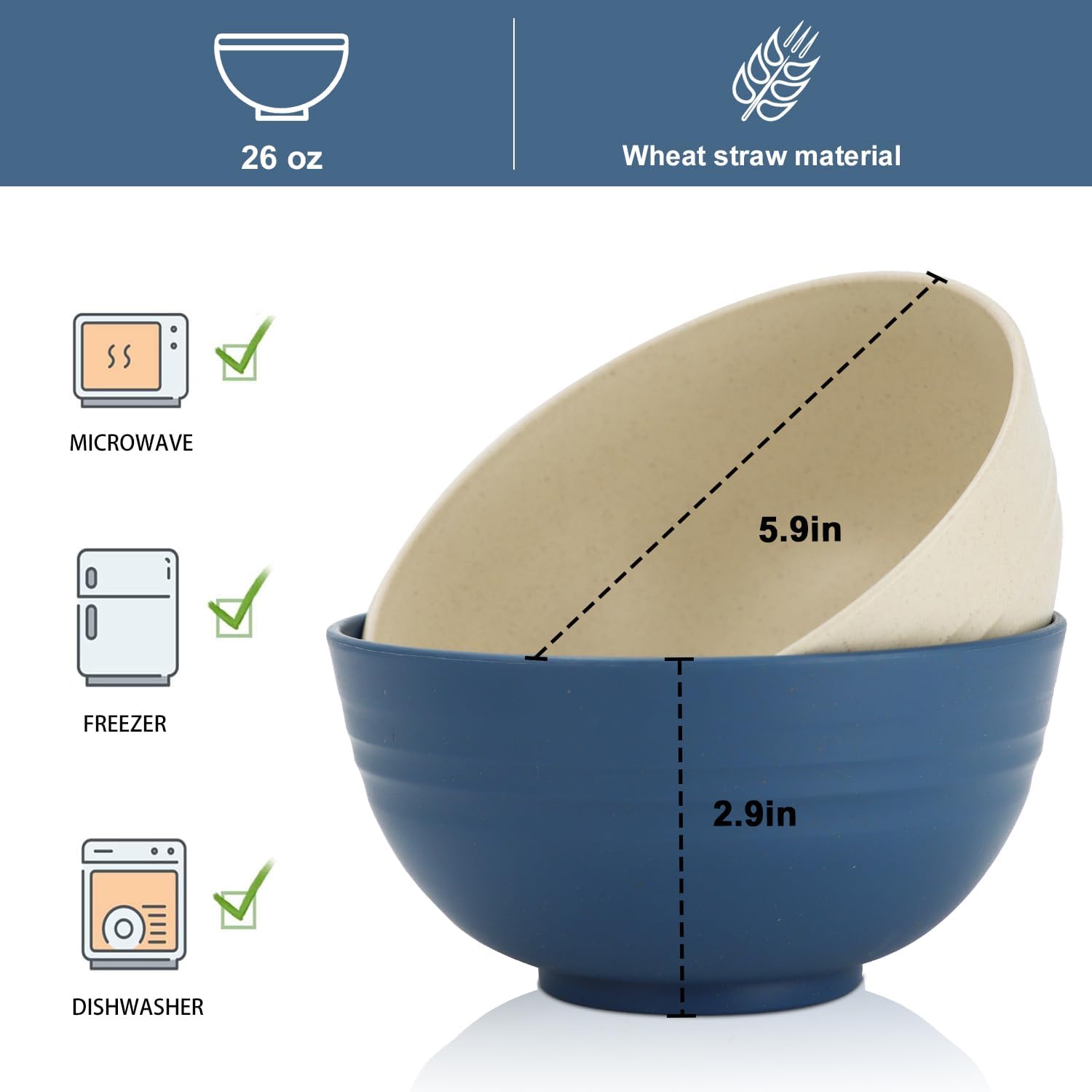 Wrova 26 oz Wheat Straw Bowls,Unbreakable Cereal Bowls Set of 6,Microwave & Dishwasher Safe Salad Bowls for kitchen, Kitchen Bowl Sets for Soup,Salad,Fruit,Snack and Oatmeal-Multi Color