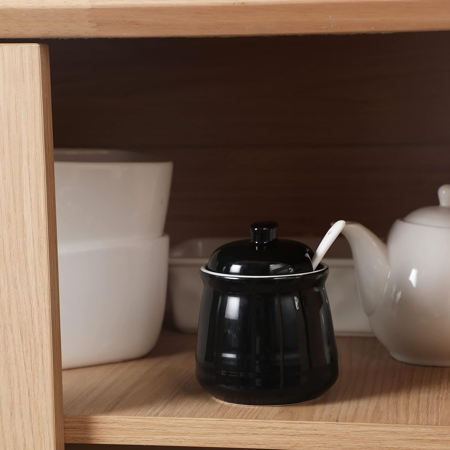 HAOTOP Porcelain Salt Bowl with Lid and Spoon,Ceramic Sugar Bowl 12oz (Black)