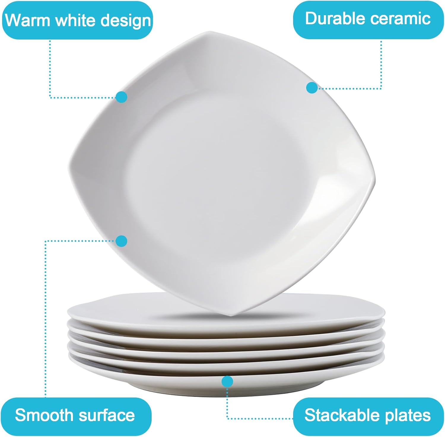 4 Piece Porcelain Dinner Plate, 7 inch Ceramic Appetizer Plates, White Square Dessert Plates,Square Serving Plate for Steak, Snacks, Salad,Pasta, Microwave & Dishwasher Safe, Scratch Resistant