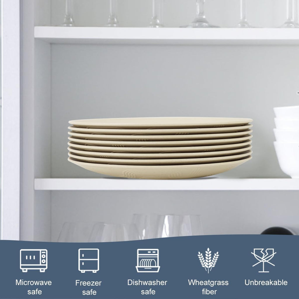 Homiely Dinner Plates Set of 8 - Wheat Straw, Microwave & Dishwasher Safe, Unbreakable, Kids Plates with Pattern (Beige, 9 inch)/Product of Alternative to Plastic