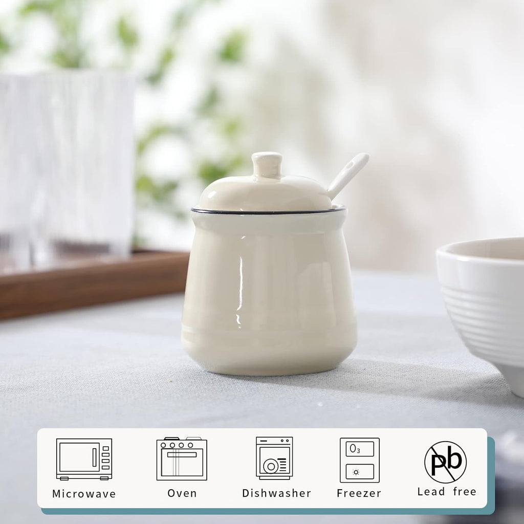 HAOTOP Porcelain Salt Bowl with Lid and Spoon,Ceramic Sugar Bowl 12oz (Beige)