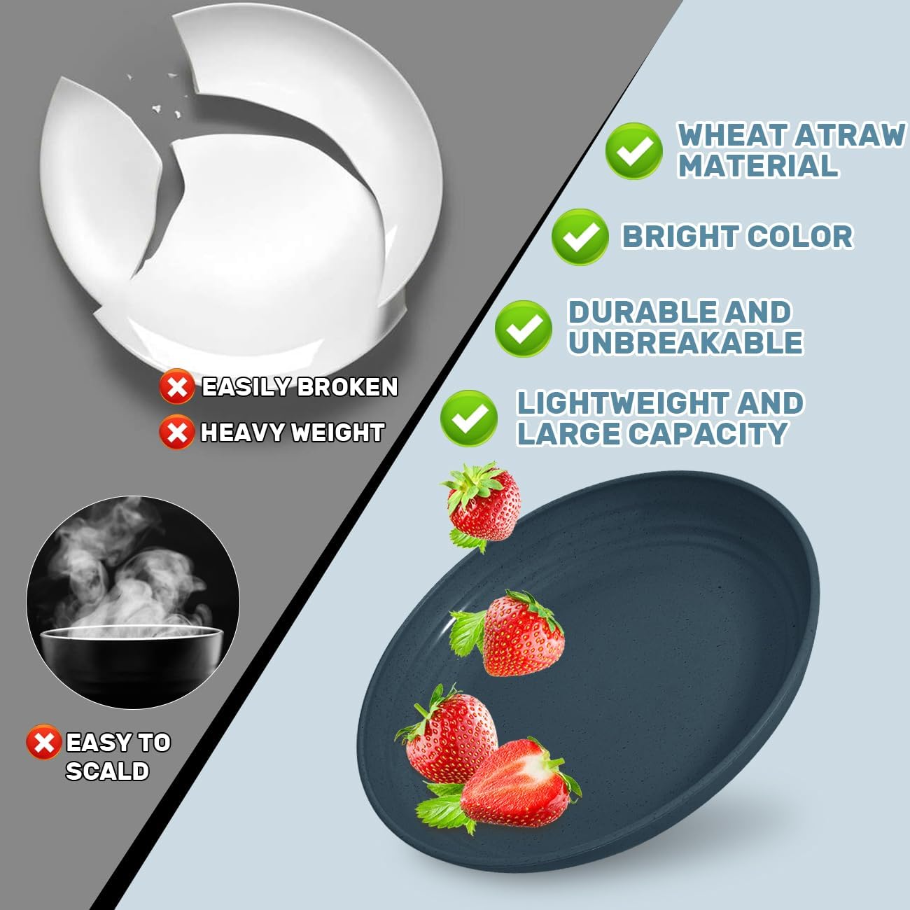 Wheat Straw Dinnerware Sets - SGAOFIEE 36 Piece Unbreakable Dinnerware Sets, Reusable Wheat Straw Plates and Bowls Sets, Travel Camping Cutlery Set, Dishwasher Microwave Safe Dinnerware-Blue