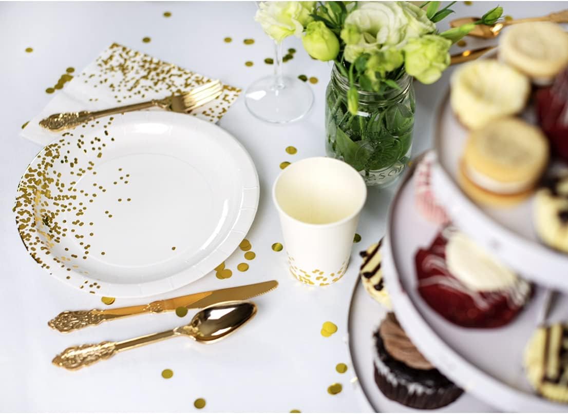50 Count 7” Inch White and Gold Paper Plates Fancy Paper Plate Dessert Plates New Years Disposable Plates 50th Anniversary Thanksgiving Christmas Holiday