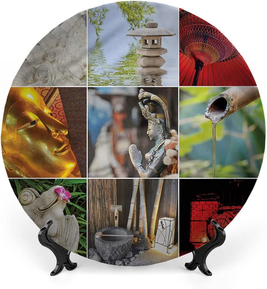 Decorative Plates, Nature Print Ornament, Flowers Clouds Mountain, 8 Inch, Kitchen Wall Decor, Multicolor