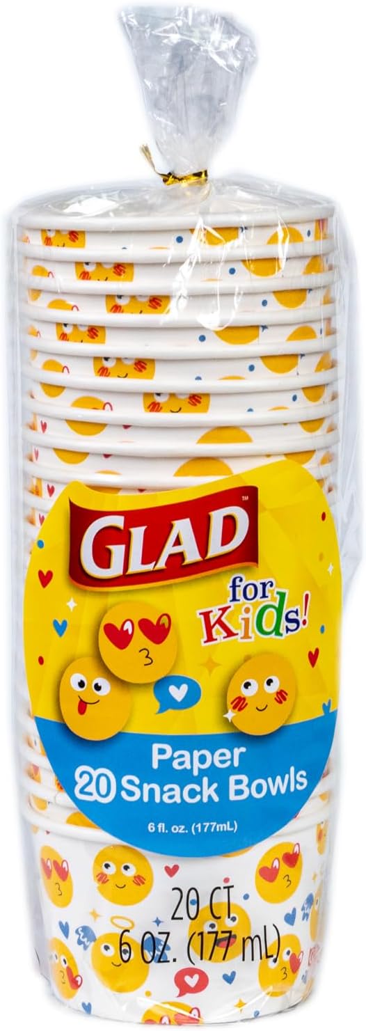 Glad for Kids Emoji Print Paper MINI Snack Bowls, Lids Not Included - Disposable Snack Cups with Emojis for Kids Heavy Duty, 6 Ounces, 20ct
