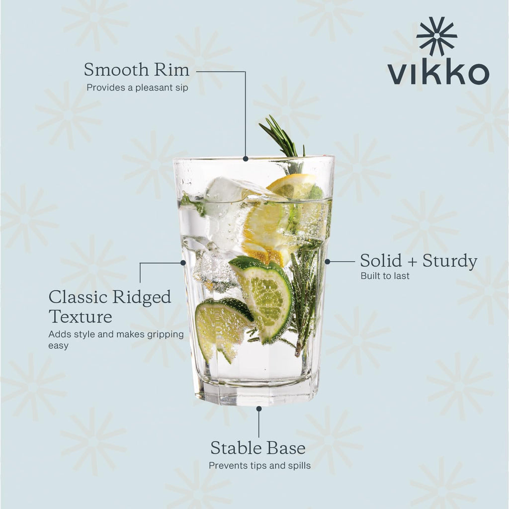 Vikko Large Drinking Glasses, 14 Ounce Glass Cups, Durable Stackable Highball Tumblers & Water Glasses, Dishwasher Safe Set of 6