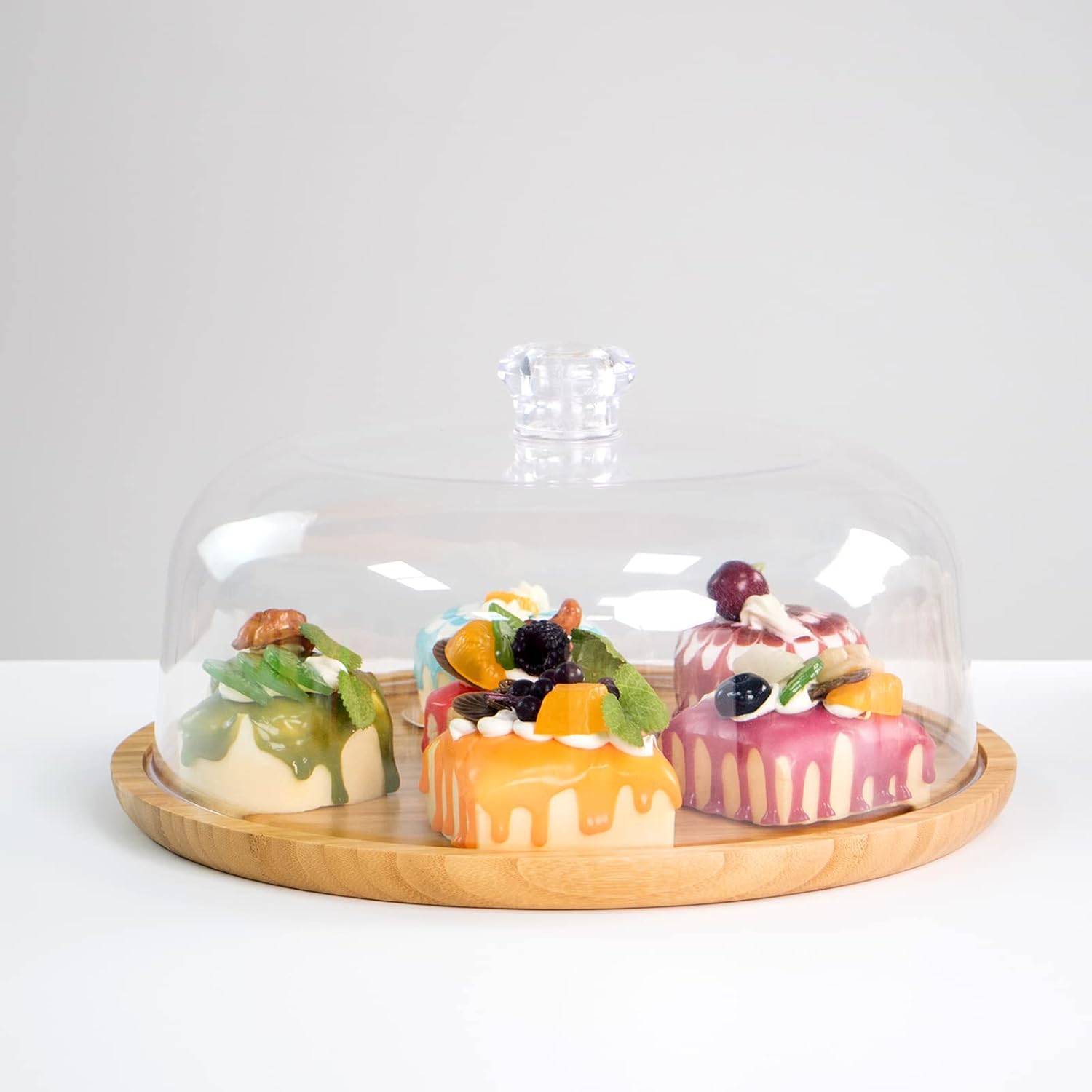 Acrylic Dessert Plate with Base, Bamboo Cake Tray with Clear Acrylic Cover, Cake Fruit Display Server Tray for Kitchen/Birthday/Wedding/Appetizer Dessert (Round)
