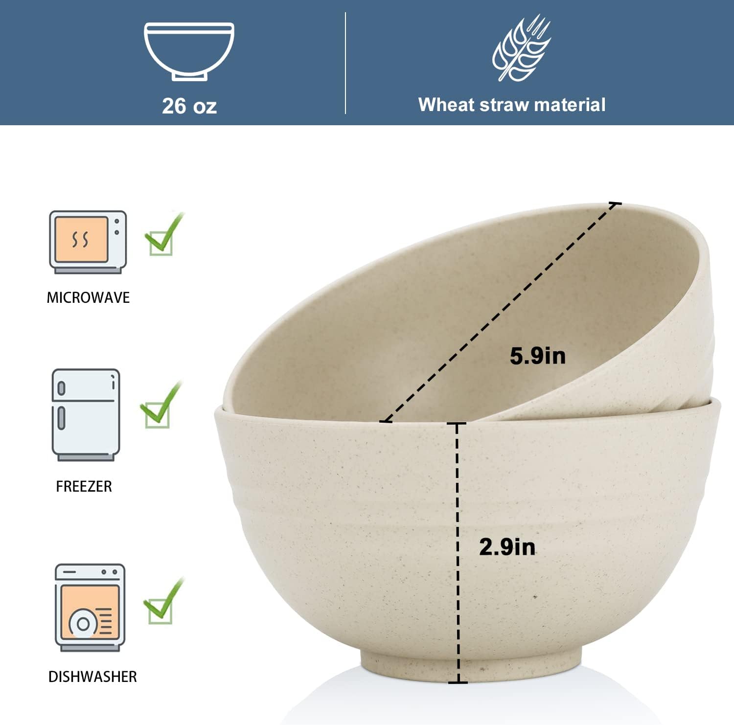Wrova Wheat Straw Bowl Sets,8 PCS Unbreakable Cereal Bowls 26 OZ,Microwave and Dishwasher Safe Bowls, Kitchen Bowl suitable for cereal,salad,snack and soup (Beige)