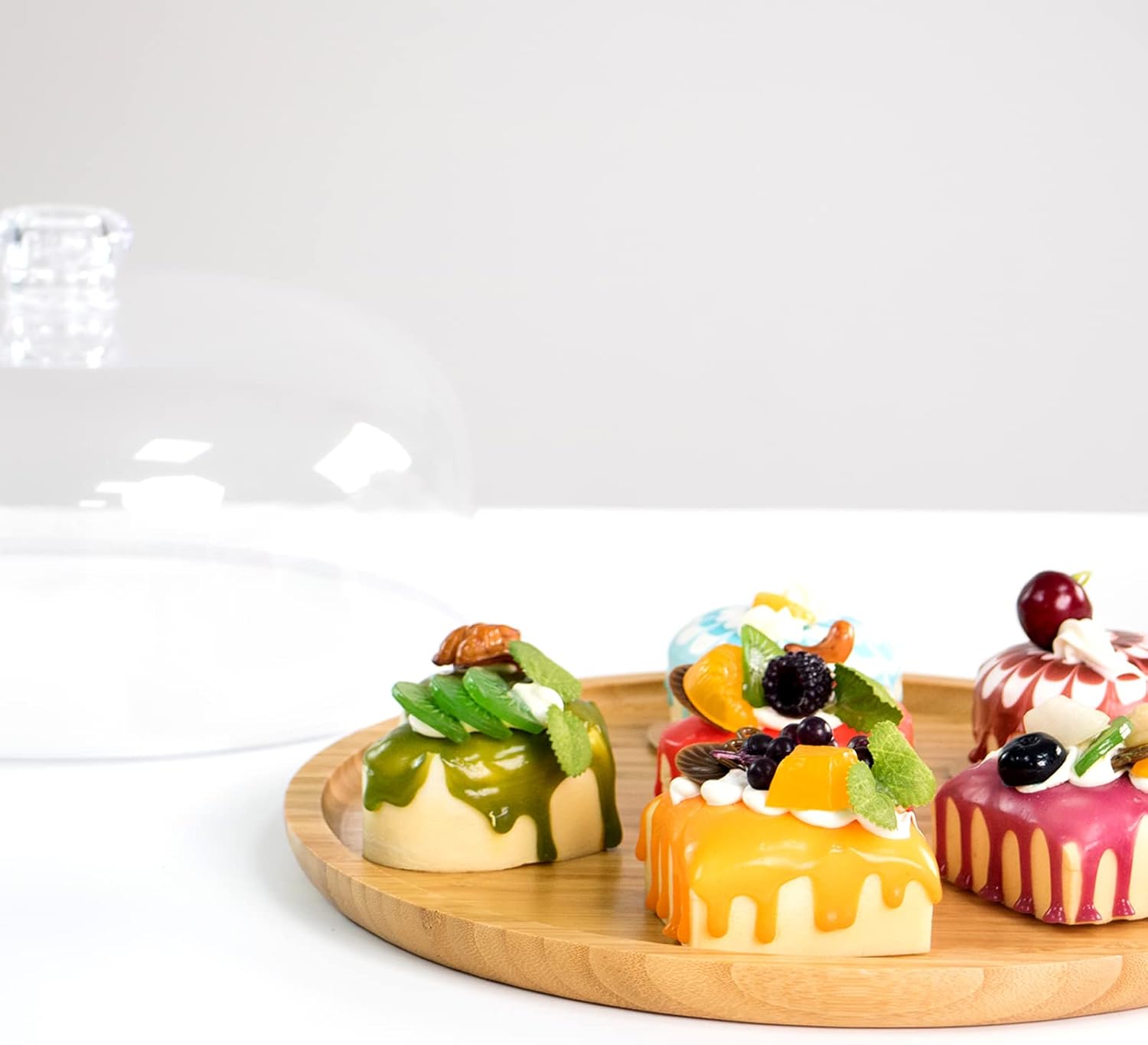 Acrylic Dessert Plate with Base, Bamboo Cake Tray with Clear Acrylic Cover, Cake Fruit Display Server Tray for Kitchen/Birthday/Wedding/Appetizer Dessert (Round)