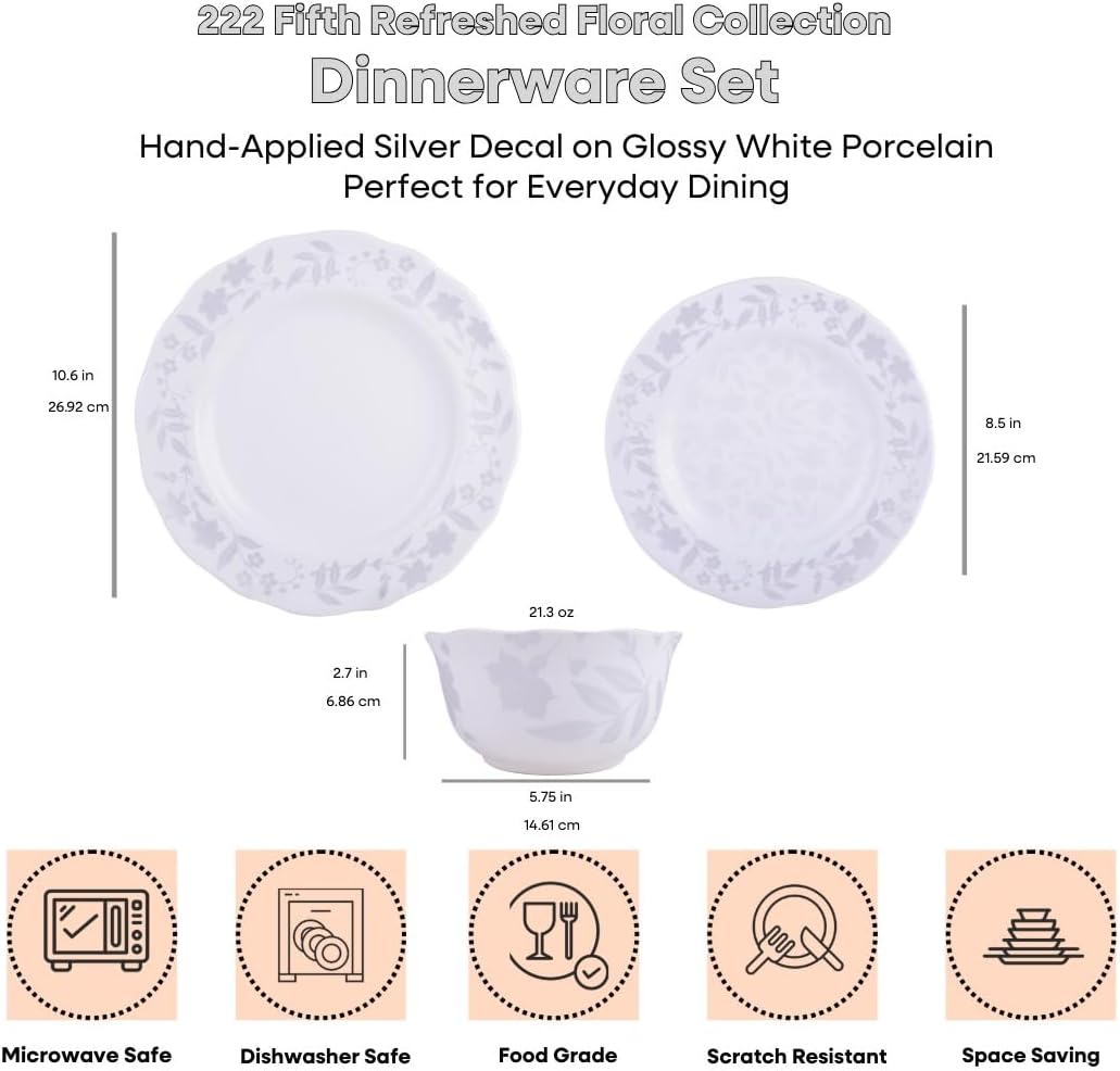 222 Fifth 12-Piece Porcelain Dinnerware Set for 4, Glossy White Plates and Bowls Sets with Silver Flower Pattern, Luxury Ceramic Dish Set, Elegant Kitchen Dishes for Everyday Dining, Refreshed Floral