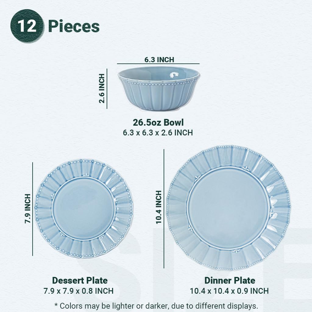 Dinnerware sets, 12 Piece plates and bowls sets for 4, Ceramic dish set, Porcelain dish set, Premium kitchen decor, Microwave and Dishwasher Safe, Celestial Blue