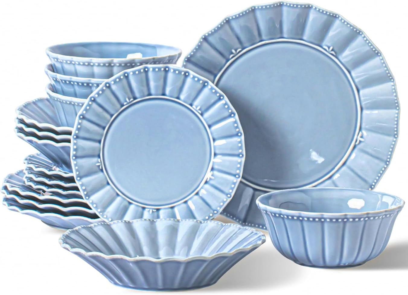 Dinnerware sets, 16 Piece plates and bowls sets for 4, Ceramic dish set, Porcelain dish set, Farmhouse premium kitchen decor, Microwavable safe, Celestial Blue