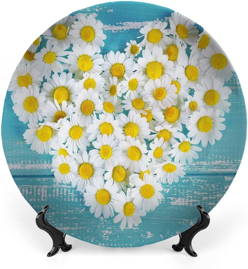 Ceramic Display Plate, Yellow and Blue Ceramic Hanging Decorative Plate, Heart Shaped Daisy Flowers Romantic Lovers, 7 Inch, Living Room Kitchen Decoration Household, Sky Blue White