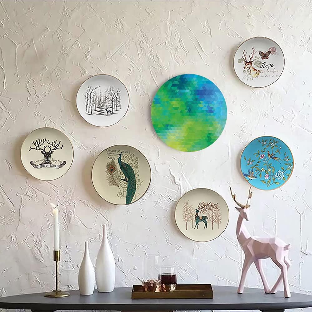 Decorative Plates, Yellow and Blue Print Ornament, Geometric Abstract Pattern with Triangles Ombre Inspired, 6 Inch, Kitchen Wall Decor, Turquoise Lime Green Yellow