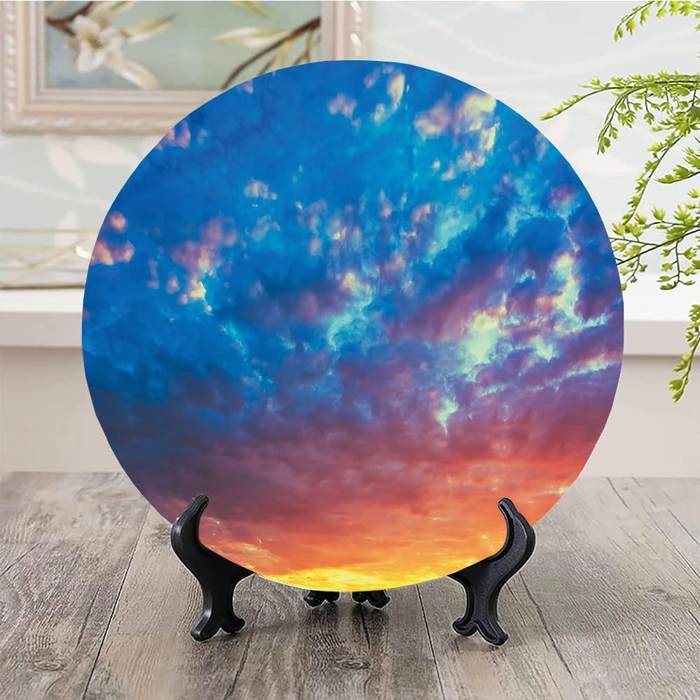 Ceramic Display Plate, Yellow and Blue Ceramic Hanging Decorative Plate, Dramatic Sky Sunset Scenic Cloudscape Idyllic, 8 Inch, Household Custom Ceramic Plate, Coral Earth Yellow