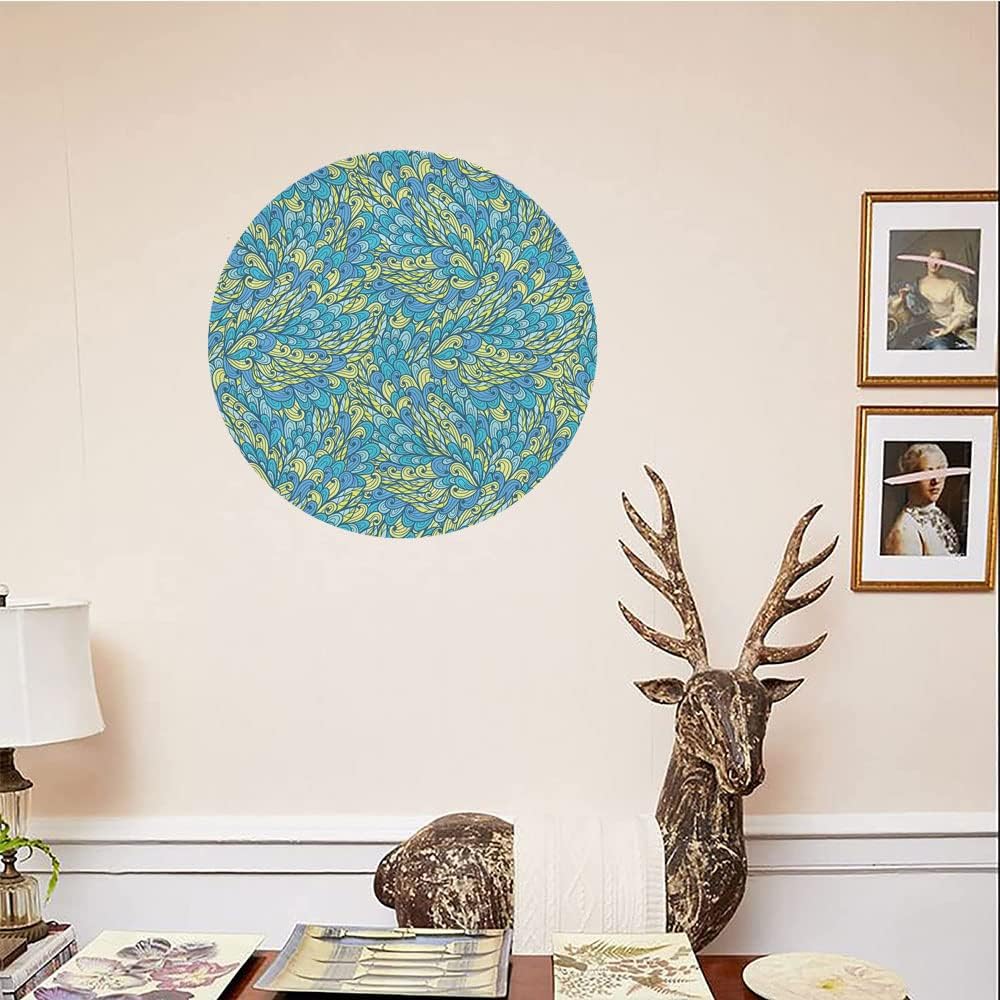 Ceramic Display Plate, Yellow and Blue Ceramic Hanging Decorative Plate, Doodle Style Floral Swirls Curves Ornate, 10 Inch, Living Room Kitchen Decoration Household, Light Yellow Aqua Light Blue